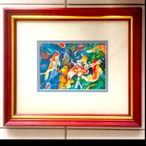 Framed Koi Fish Colourful Water Painting Print by Tracy Reid 1991 - Oak Frame